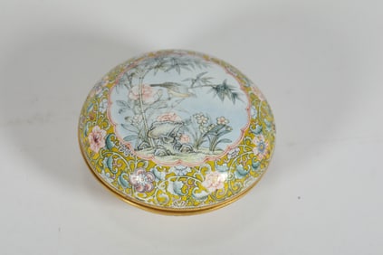 Bronze Enamel Blue Base Flower and Bird Patten Lid Box