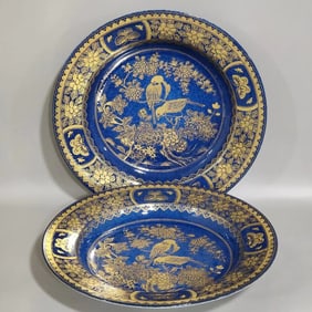 Pair of Blue Glazed Gold Drawing Flower and Bird Pattern Porcelain Plate