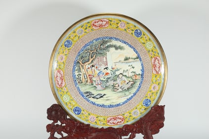 Bronze Enamel Blue Base Flower and Character Story Pattern Plate