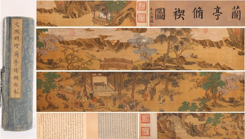 Chinese Drawing Landscape and Character Story Hand Scroll,Wen Zhengming Mark
