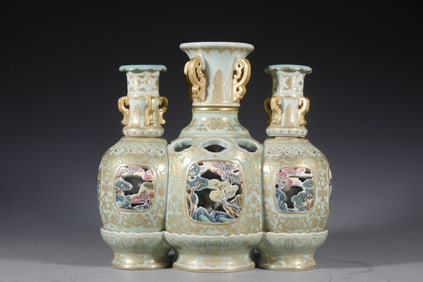 Bean Green Glazed Gold Drawing Landscape Pattern Porcelain Double Ears Movable Vase