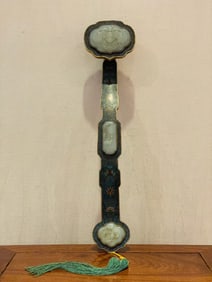 Bronze Cloisonne Inlaid Jade Carved Peach and Bat Pattern RuYi Ornament