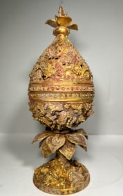 Gilt Silver Inlaid Gem Stone Carved Dragon and Beast Face Pattern Incense Burner