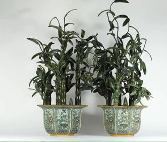 Pair of Bronze Cloisonne Inlaid Jasper Jade Carved Flower Pattern Flower Pot