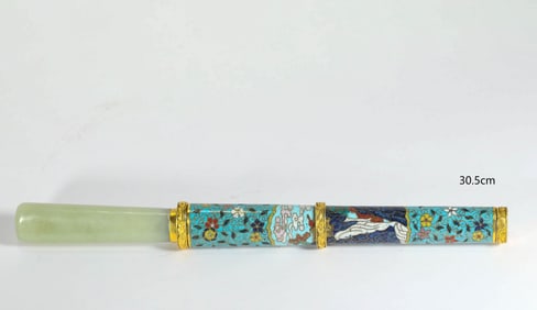 Bronze Cloisonne Inlaid Jade Carved Flower Pattern Knife