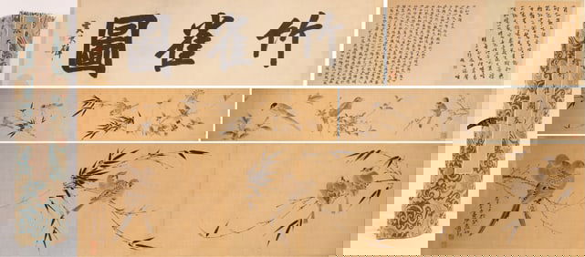 Chinese Drawing Bamboo and Bird Hand Scroll,Zhang Daqian Mark