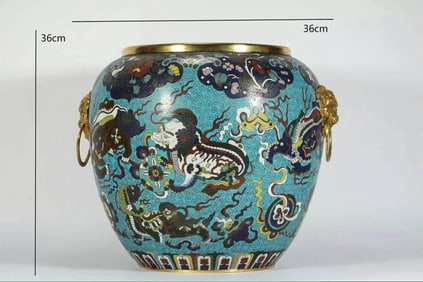 Bronze Cloisonne Carved Flower and Lion Pattern Double Lion Ears Pot