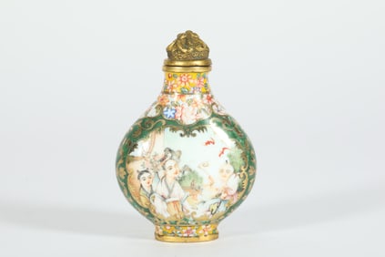 Bronze Enamel Blue Base Character Story Pattern Snuff Bottle