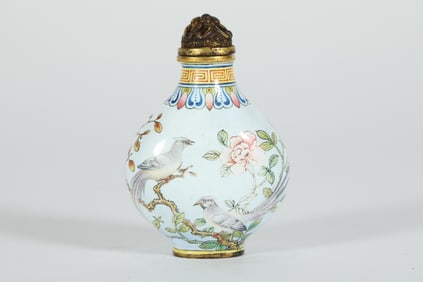 Bronze Enamel Blue Base Flower and Bird Pattern Snuff Bottle