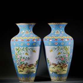 Pair of Bronze Enamel Blue Base Flower and Bird Pattern Vase