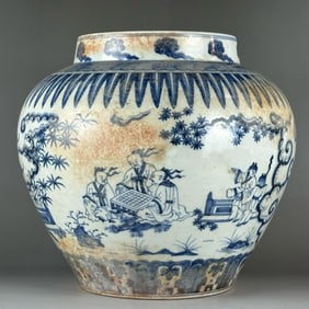 Blue and White Character Story Pattern Porcelain Pot