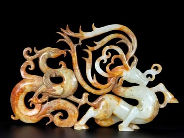 Jade Carved Dragon and Deer Shape Figure