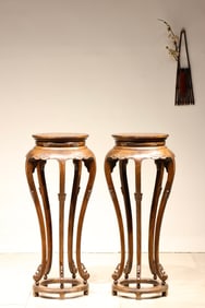 Pair of Huanghuali Wood Carved Dragon Pattern Circle Table