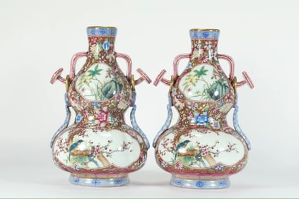 Pair of Famille Rose Flower and Bird Pattern Porcelain Double RuYi Ears Gourd Shape Vase