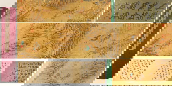 Chinese Drawing Landscape and Character Story Hand Scroll,Wang Meng Mark