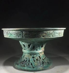 Chinese Bronze Carved Beast Face and Poetry Pattern High Foot Plate