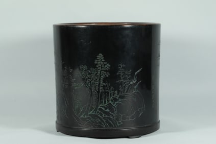 Lacquerware Carved Landscape and Poetry Pattern Brush Pot