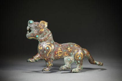 A Bronze 'Tiger' Inlaid with Gold, Silver and Turquoise