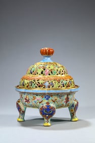 A Famille Rose and Gilt Openwork 'Interlocking Lotus' Incense Burner