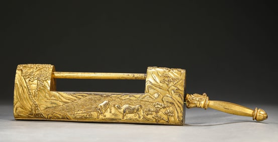 A Gilt-Bronze 'Ox Ploughing' Lock