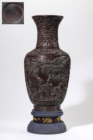 A Carved Wood Bottle Vase with Figure and Floral Narrative Scene