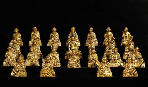 A Tibetan Tashilhunpo-Style Figure of Shakyamuni Buddha with Anucheda, Eighteen Arhats, and Four
