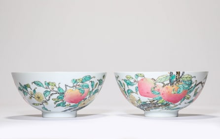 A Pair of Famille Rose 'Bats and Peaches' Bowls