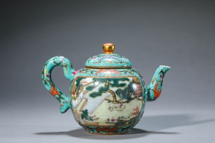 A Turquoise-Ground Famille Rose 'Figural and Poetic' Teapot