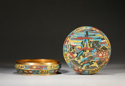 A Cloisonné Enamel 'Landscape and Figures' Covered Box