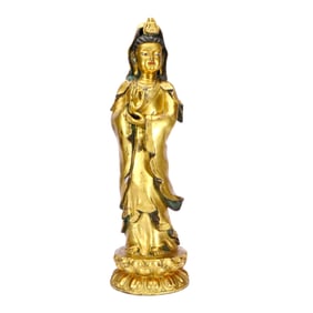 A GILT-BRONZE GUANYIN STANDING FIGURE