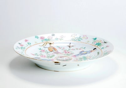A FAMILLE ROSE LADIES AND BIRDS DISH (RIVETED)