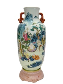 A FAMILLE ROSE FIGURE STORY TWO-HANDLED VASE