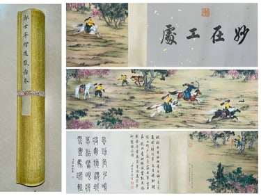 A CHINESE LONG SCROLL HAND PAINTING WITH THE MARK OF LANG SHINING