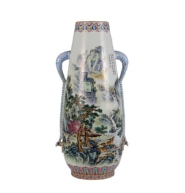 A FAMILLE ROSE LANDSCAPE FIGURE ELEPHANT-HANDLED VASE