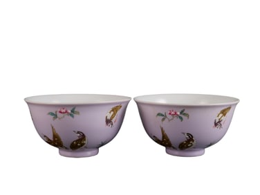 AN ENAMEL NINE QUAIL BOWLS PAIR