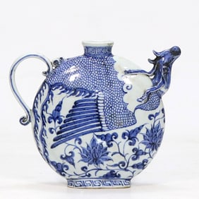 A YUAN DYNASTY BLUE AND WHITE PHOENIX-HEAD FLAT FLASK