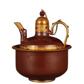 A DING WARE PURPLE-GLAZED GOLD-INLAID GEM-SET TEAPOT SET
