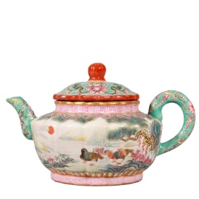 A FAMILLE ROSE GREEN GROUND 'MANDARIN DUCK' TEAPOT