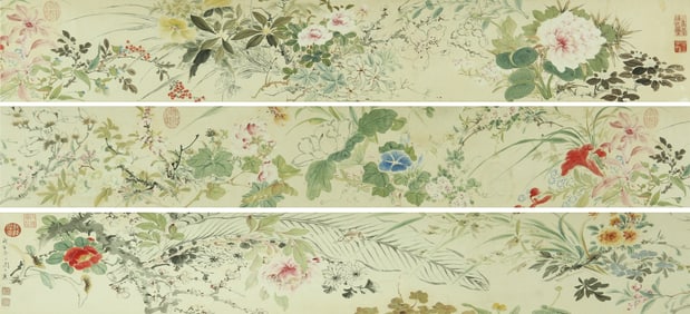 A CHINESE LONG SCROLL HAND PAINTING WITH THE MARK OF ZHOU ZHIMIAN