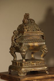 Bronze Carved Lion Pattern Double Dragon Ears Incense Burner