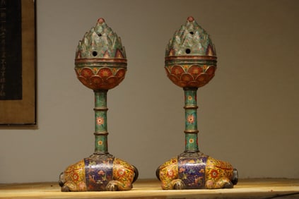 Pair of Bronze Cloisonne Carved Flower Pattern Incense Burner