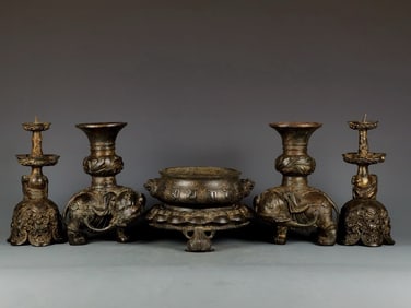 Group of Five Bronze Carved Flower Pattern Incense Burner and Pot & Candlestick