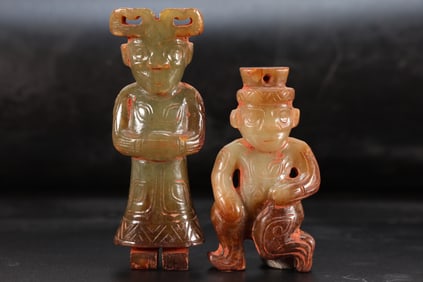 Pair of Jade Carved Beast Face Pattern Character Shape Ornament