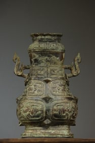 Chinese Bronze Carved Beast Face Pattern Double Ears Lid Pot