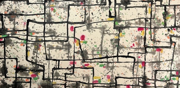 Wu Guanzhong Mark, Chinese Colorful Wall painting. Ink and Color on Paper, Mounted