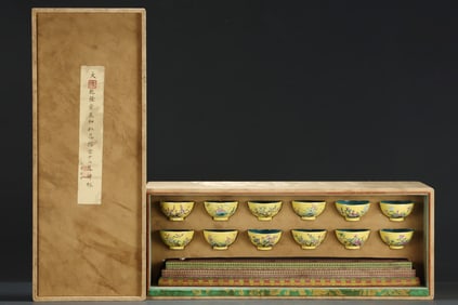 Group of Twelve Yellow Base Famille Rose Flower Pattern Porcelain Cup