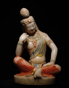 White Stone Colour Painted Avalokitesvara Figure