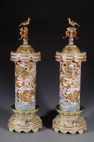 Pair of Enamel Drawing Cloud and Dragon Pattern Porcelain Incense Burner