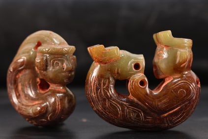 Pair of Jade Carved Beast Face Pattern Character and Dragon Shape Ornament