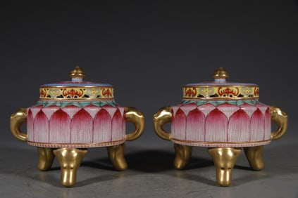 Pair of Famille Rose Lotus Flower Pattern Porcelain Double Ears Incense Burner